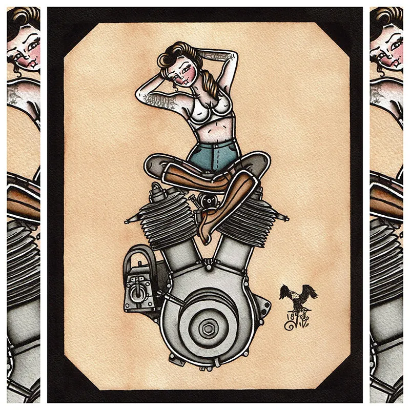 1909 V-Twin Engine Pinup Original Painting