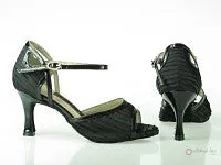 2.5" Katie -- Flare Heel Latin Sandal -- Black Foil Crepe/Black Patent PU with Black Patent Heel