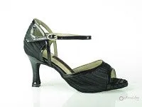 2.5" Katie -- Flare Heel Latin Sandal -- Black Foil Crepe/Black Patent PU with Black Patent Heel