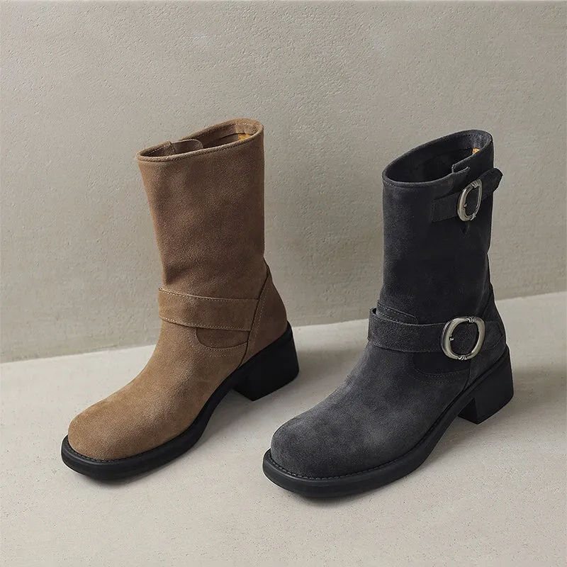 50mm Block Heel Boots Classic Women's Suede Leather Chelsea Boots Double Buckles Detail in Grey/Brown