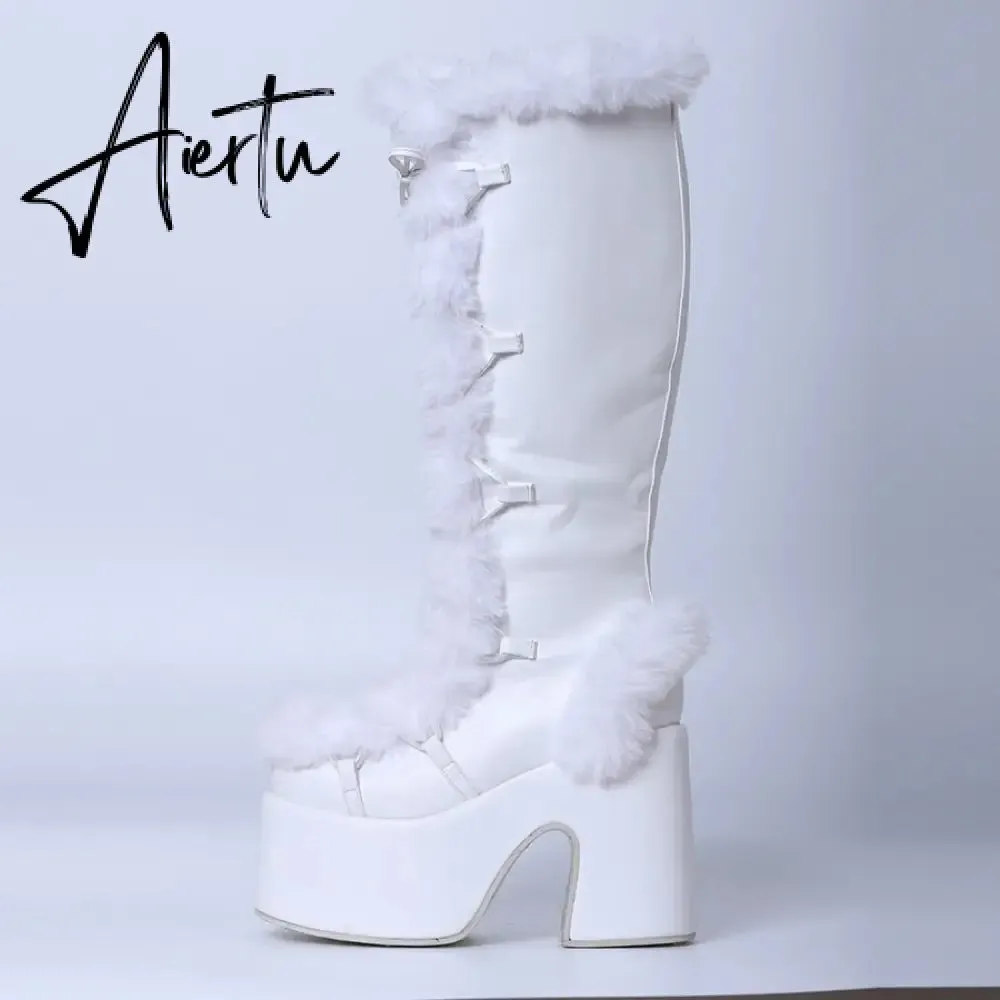 Aiertu Brand Designer Fur Gothic Chunky Block Heel Women Boots High Heel Platform Cosplay Casaul Party Warm Boots Shoes Women