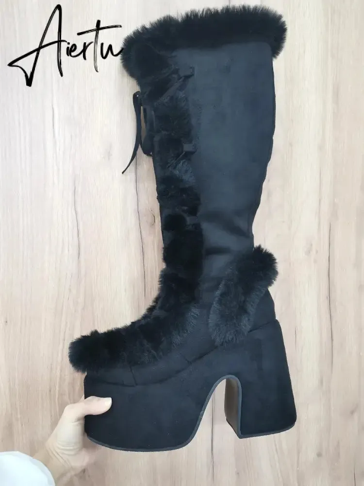 Aiertu Brand Designer Fur Gothic Chunky Block Heel Women Boots High Heel Platform Cosplay Casaul Party Warm Boots Shoes Women