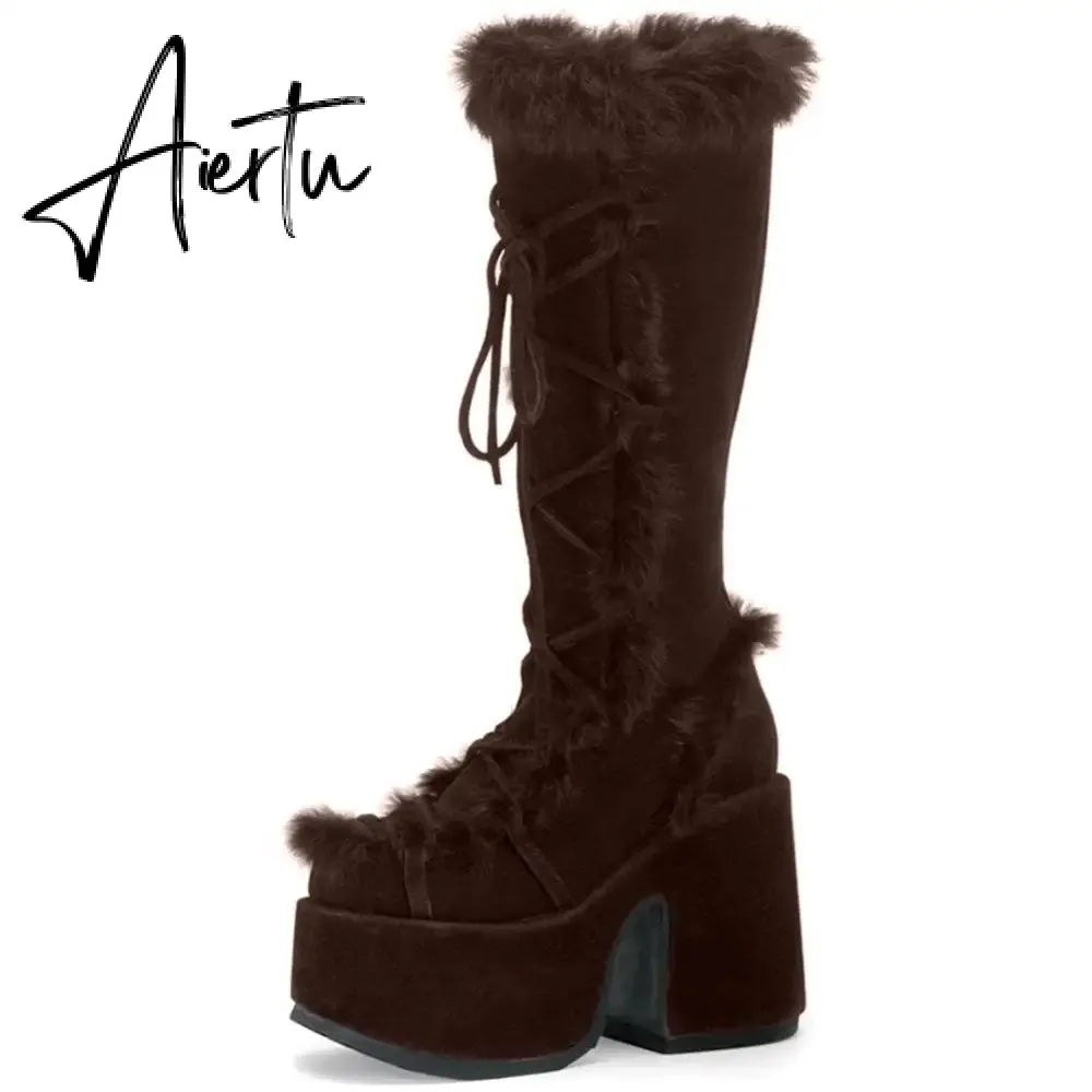 Aiertu Brand Designer Fur Gothic Chunky Block Heel Women Boots High Heel Platform Cosplay Casaul Party Warm Boots Shoes Women