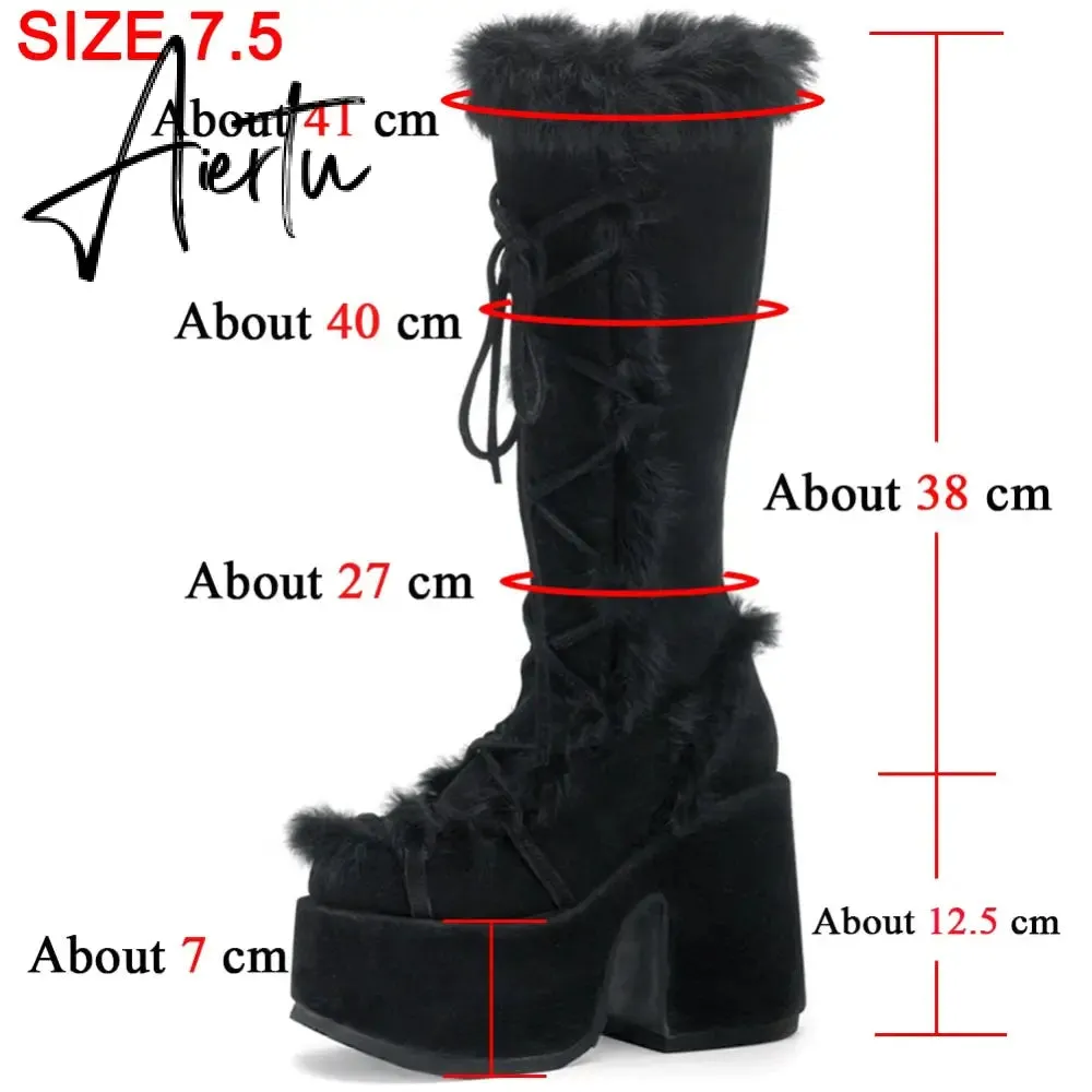 Aiertu Brand Designer Fur Gothic Chunky Block Heel Women Boots High Heel Platform Cosplay Casaul Party Warm Boots Shoes Women