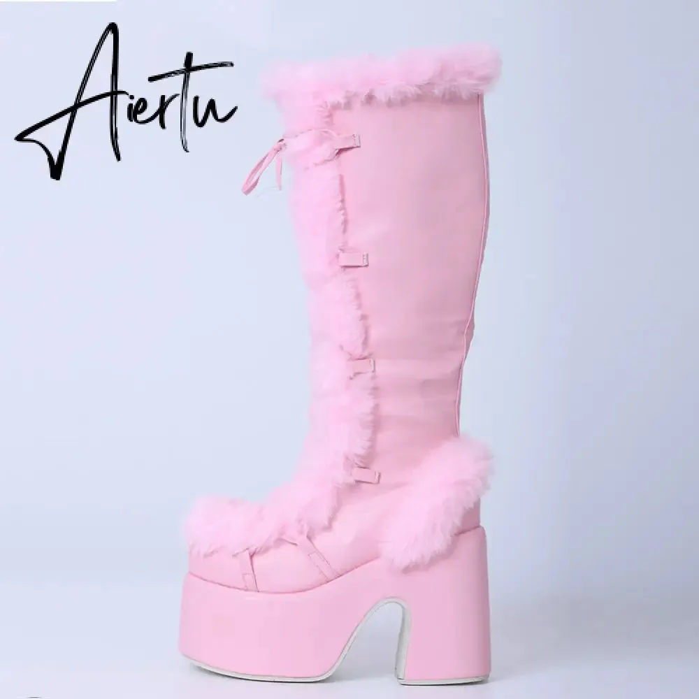 Aiertu Brand Designer Fur Gothic Chunky Block Heel Women Boots High Heel Platform Cosplay Casaul Party Warm Boots Shoes Women