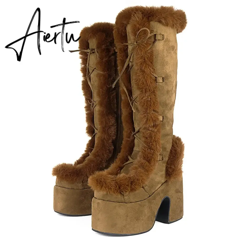 Aiertu Brand Designer Fur Gothic Chunky Block Heel Women Boots High Heel Platform Cosplay Casaul Party Warm Boots Shoes Women