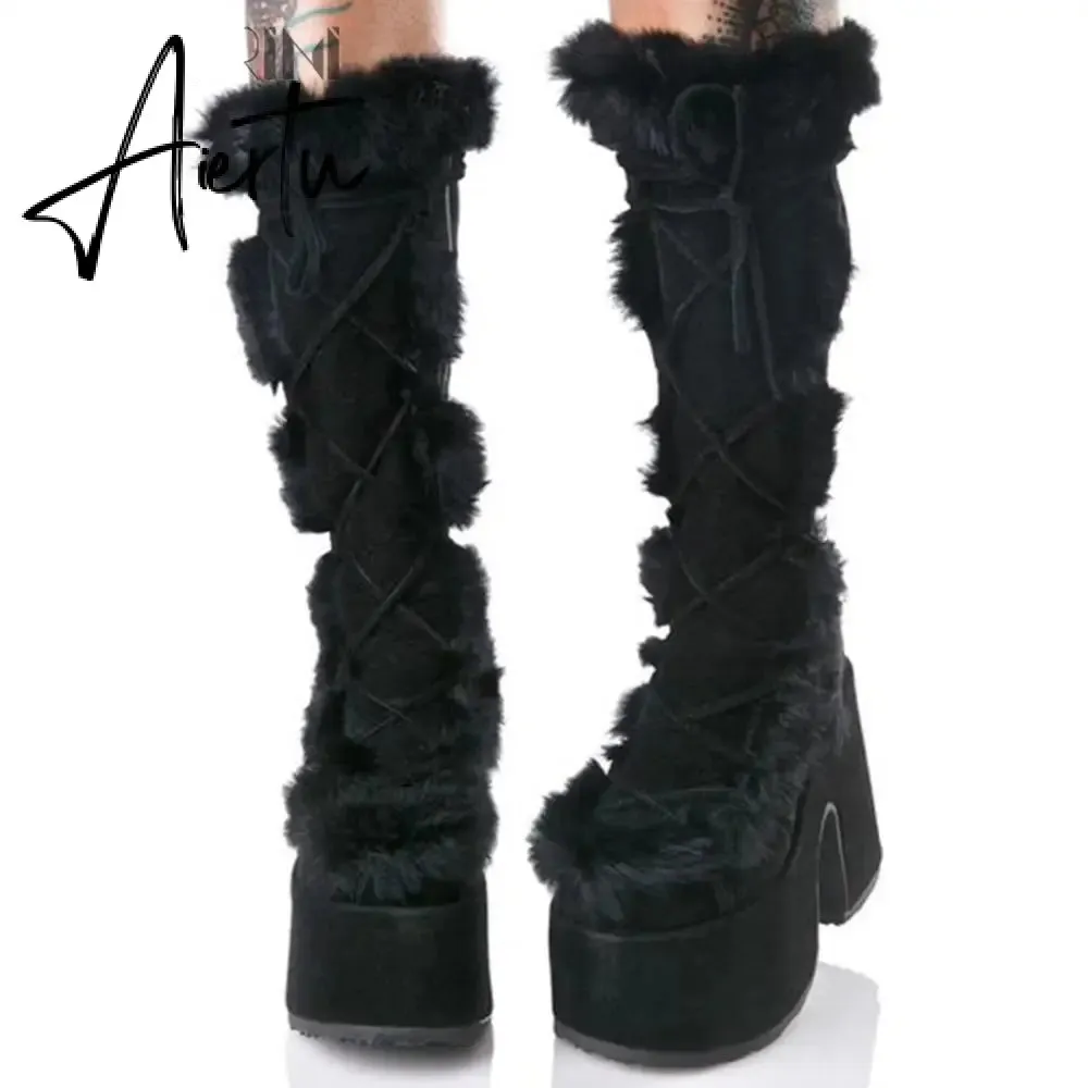 Aiertu Brand Designer Fur Gothic Chunky Block Heel Women Boots High Heel Platform Cosplay Casaul Party Warm Boots Shoes Women