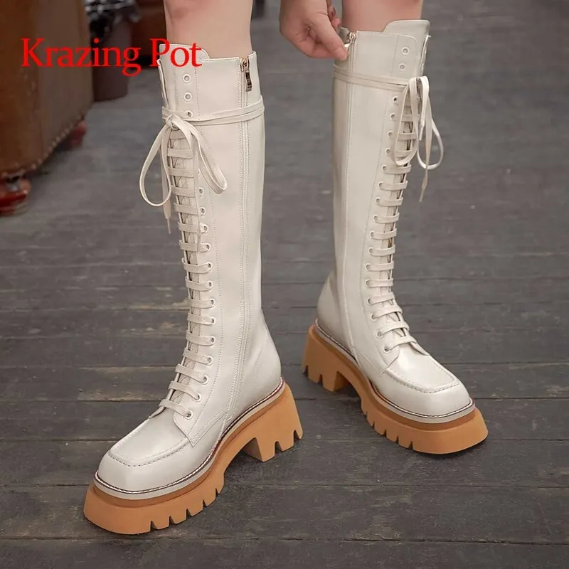 Amozae-Back to College krazing pot cow leather square toe high heels platform Motorcycle boots punk style cross-tied young lady thigh high boots L28