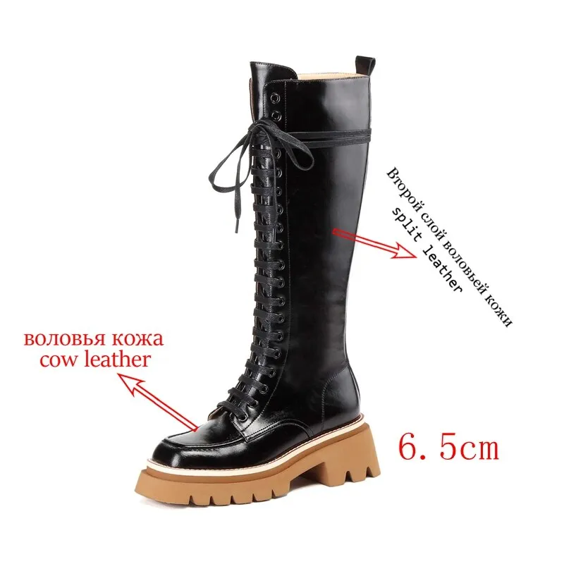 Amozae-Back to College krazing pot cow leather square toe high heels platform Motorcycle boots punk style cross-tied young lady thigh high boots L28