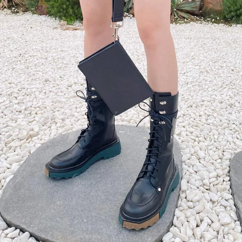 Amozae-Back to College Krazing pot genuine leather round toe motorcycles boots med heels vintage British metal rivets cross-tied punk mid-calf boots