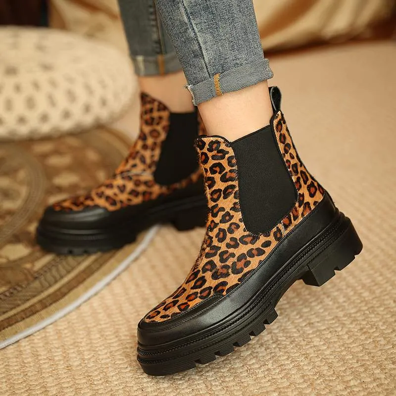 Amozae-Back to College Krazing Pot luxury horsehair Leopard high heel platform round toe fur motorcycle boots winter shoes brand dress ankle boots L36