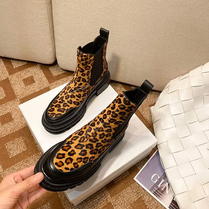 Amozae-Back to College Krazing Pot luxury horsehair Leopard high heel platform round toe fur motorcycle boots winter shoes brand dress ankle boots L36