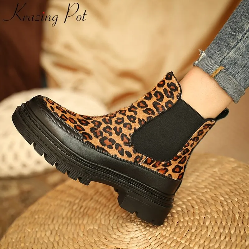 Amozae-Back to College Krazing Pot luxury horsehair Leopard high heel platform round toe fur motorcycle boots winter shoes brand dress ankle boots L36