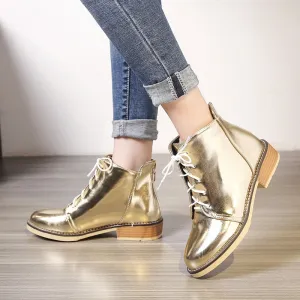 Amozae Casual Ankle Boots For Woman Autumn Spring Fashion Black Gold Silver Short Boots Women Low Heels Lace-up Winter Shoes Ladies