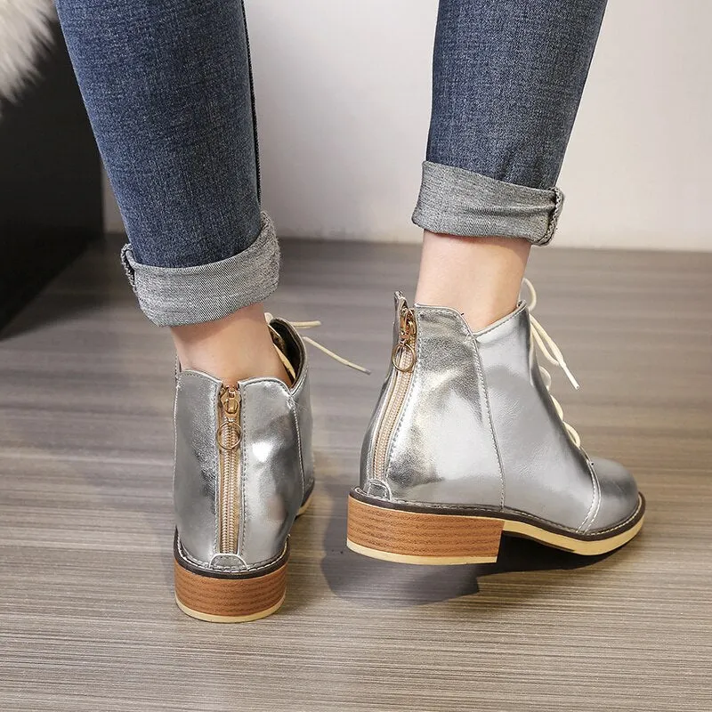 Amozae Casual Ankle Boots For Woman Autumn Spring Fashion Black Gold Silver Short Boots Women Low Heels Lace-up Winter Shoes Ladies