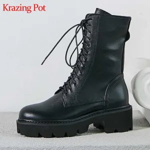 Amozae-Krazing Pot 2024 full grain leather motorcycles boots round toe cross-tied med heels lace up big size winter warm mid-calf boots