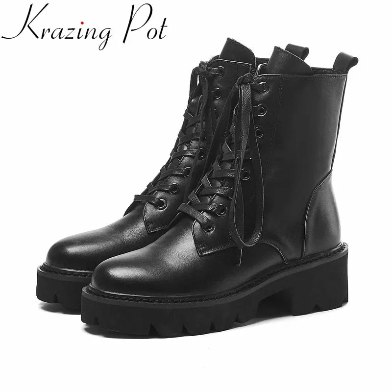 Amozae-Krazing Pot superstar genuine leather thick med heel motorcycle boots platform round toe metal rivets lace up ankle boots l36