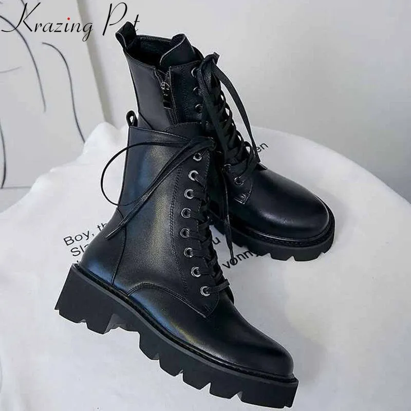 Amozae-Krazing Pot superstar genuine leather thick med heel motorcycle boots platform round toe metal rivets lace up ankle boots l36