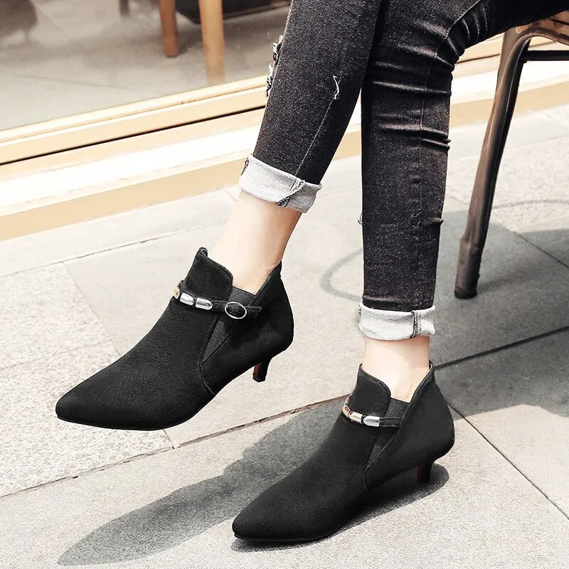 Amozae Low Heel Ankle Boots Shoes Woman Boots Fashion Pointed Toe Flock Short Boot Buckle Female Footwear Red Green Large Size 46 48