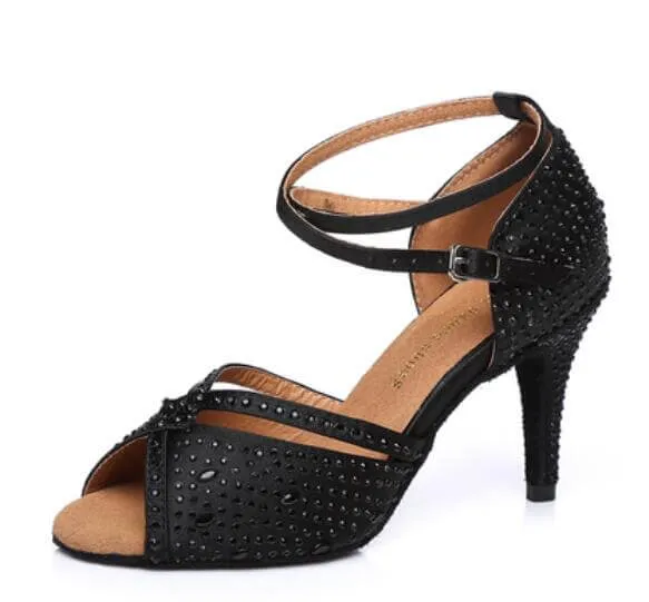 Black Satin Ballroom Rhinestone Dance Shoes Latin Salsa Dance Shoes