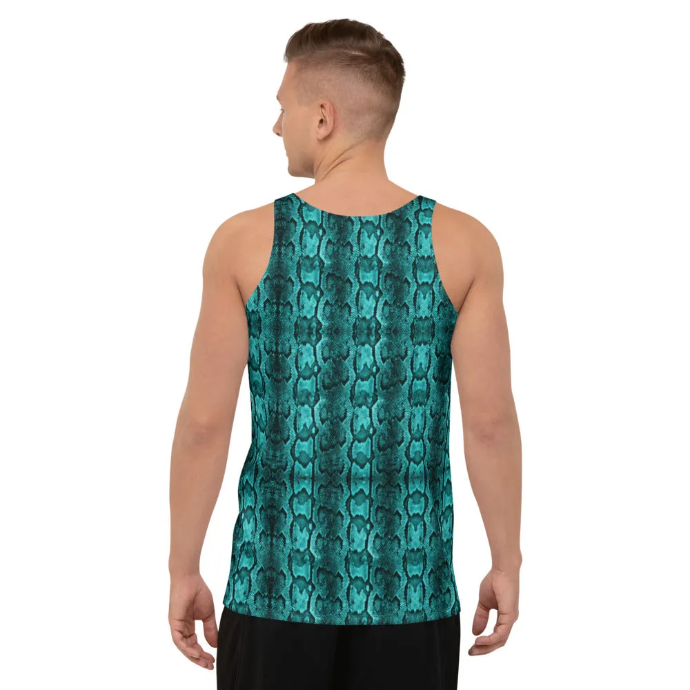 Blue Snake Print Tank Top, Unisex Men's or Women's Designer Premium Tank Top-Made in USA/EU/MX