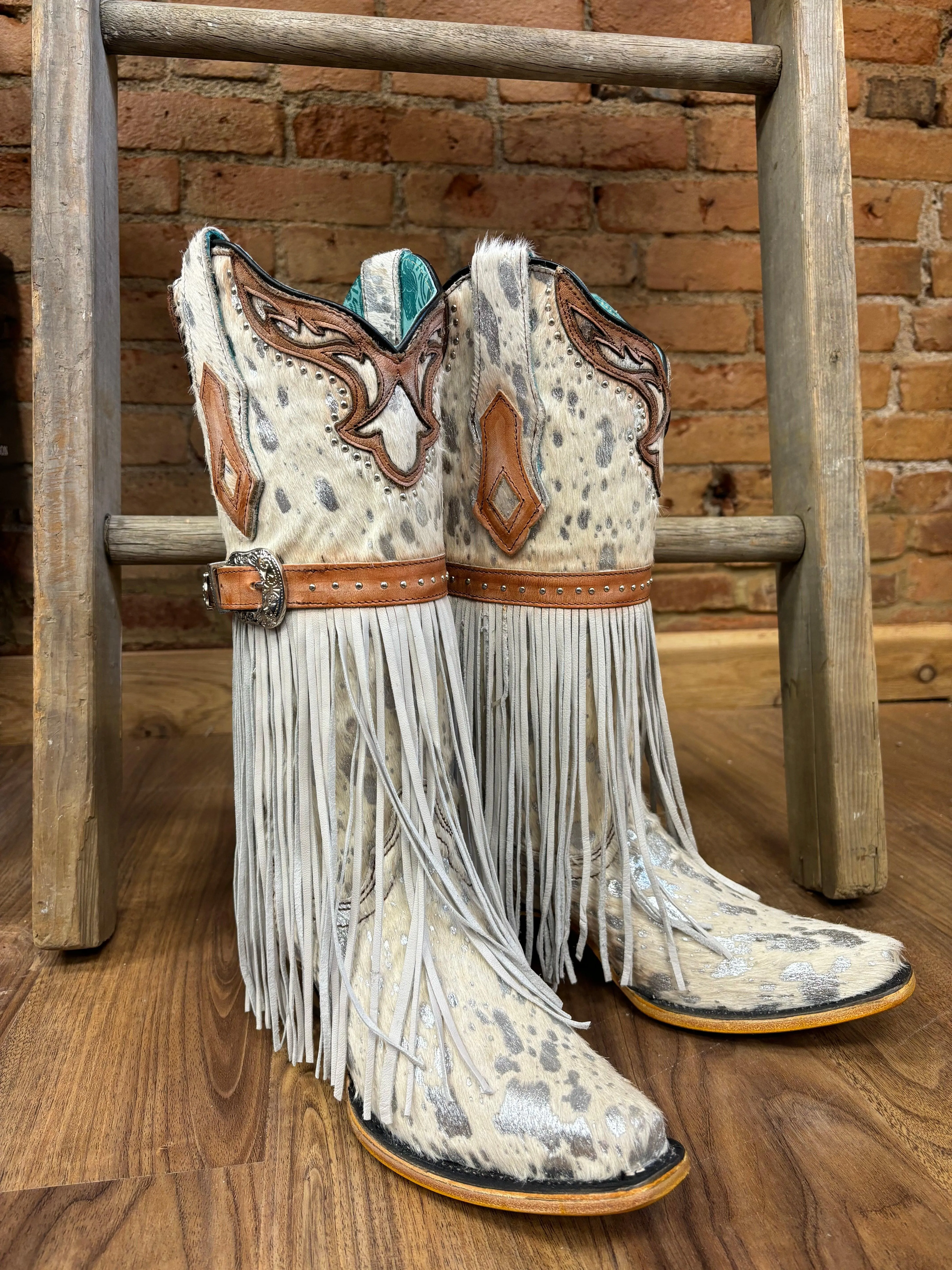 Corral Women's Fringed White Hair-On Hide Cowgirl Boots C4081