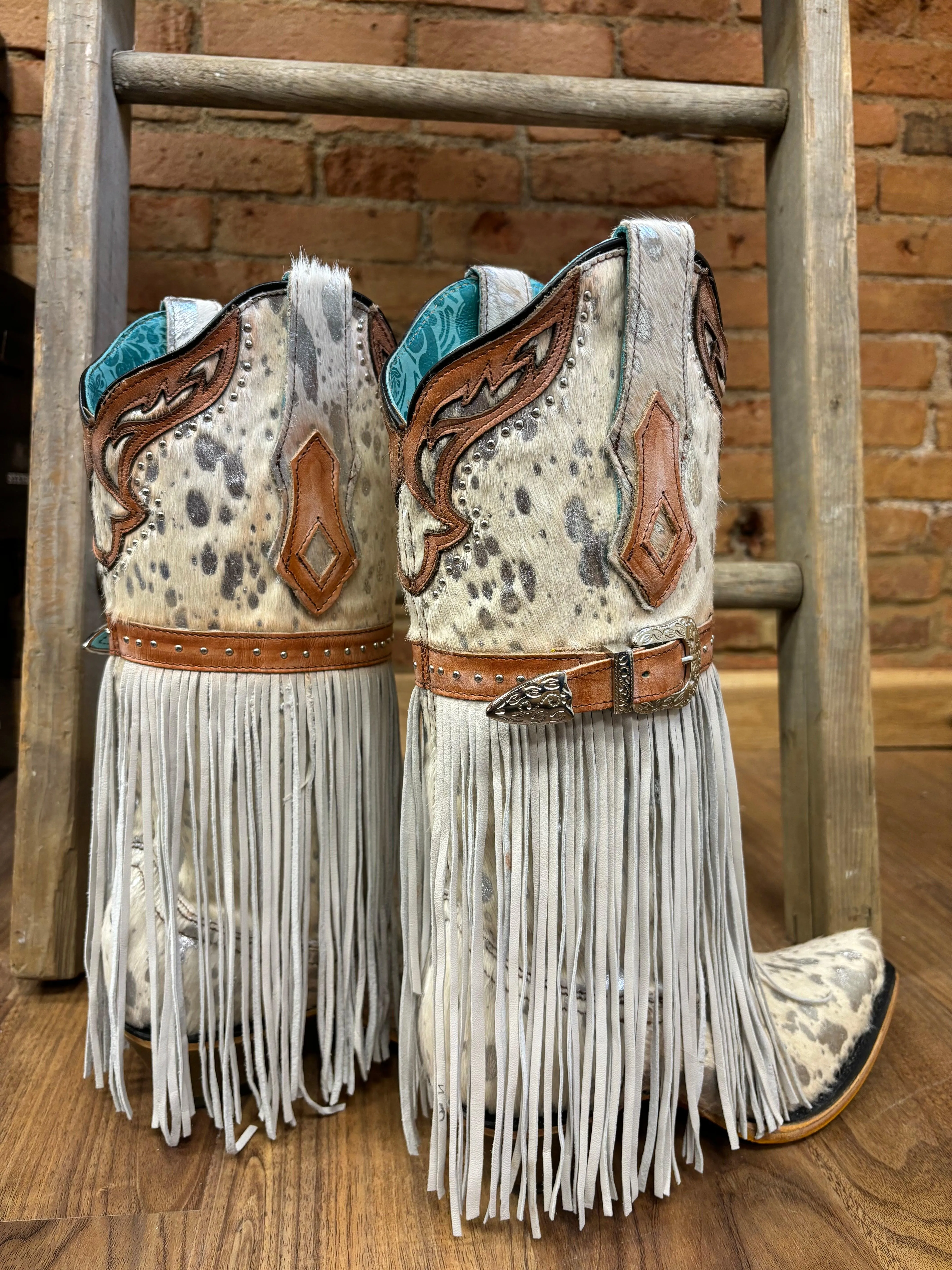 Corral Women's Fringed White Hair-On Hide Cowgirl Boots C4081