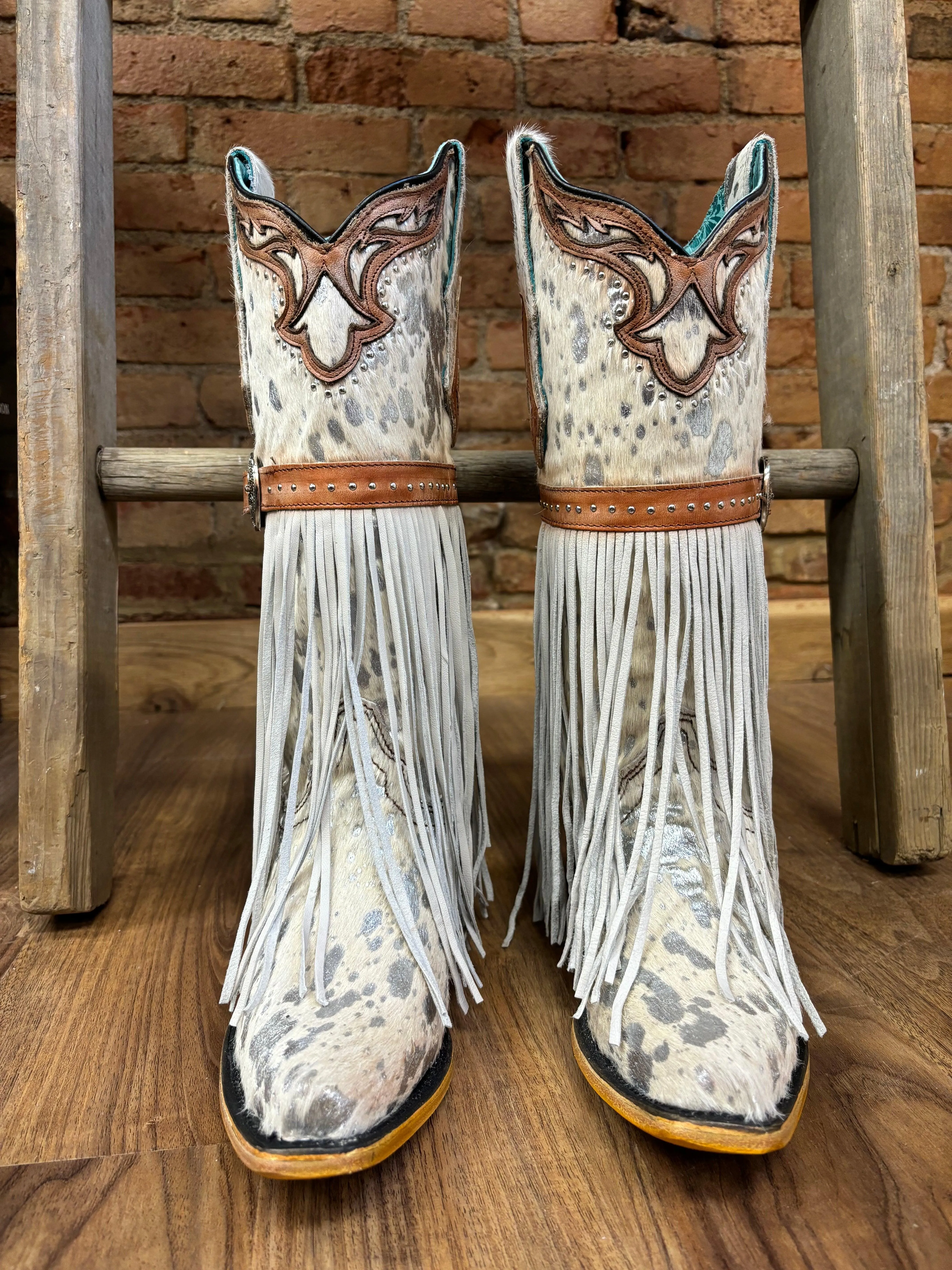 Corral Women's Fringed White Hair-On Hide Cowgirl Boots C4081