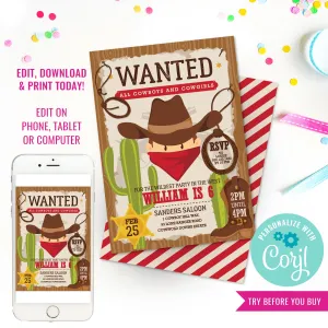 Cowboy Birthday Party Invitation | Wild West Party | Wanted