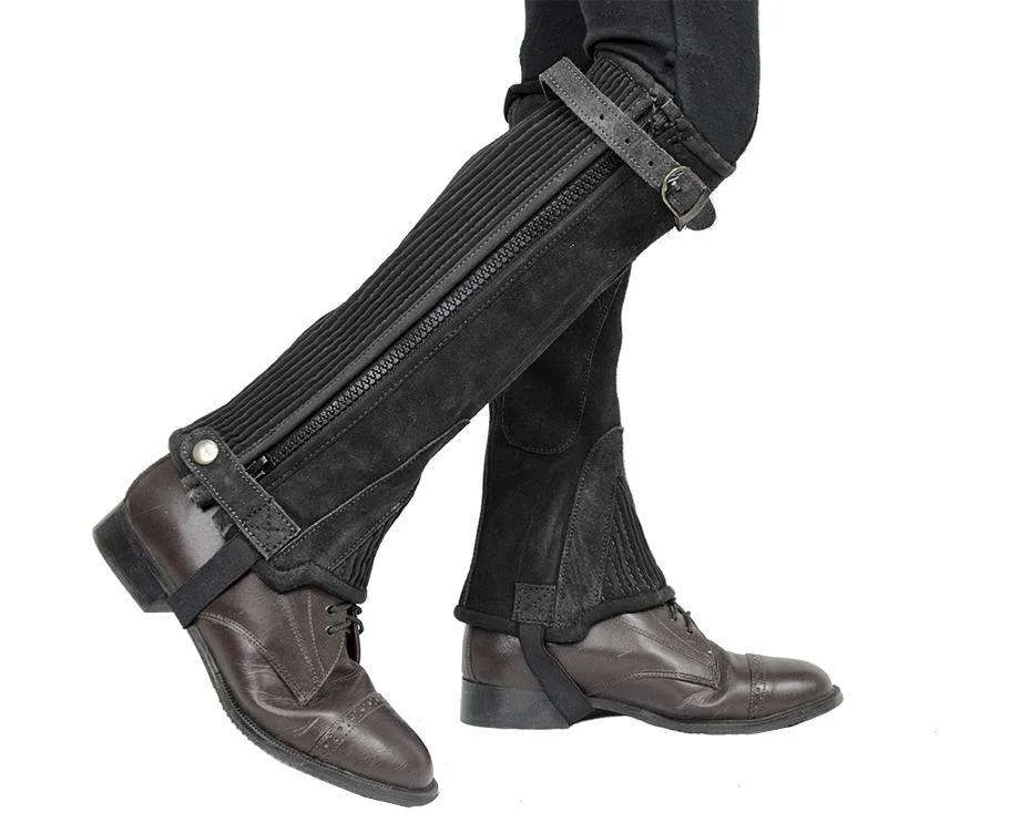 Derby Originals Adult and Childrens Suede Leather Half Chaps with Full Length Zippers & Elastic for Horseback Riding or Motorcycle Use