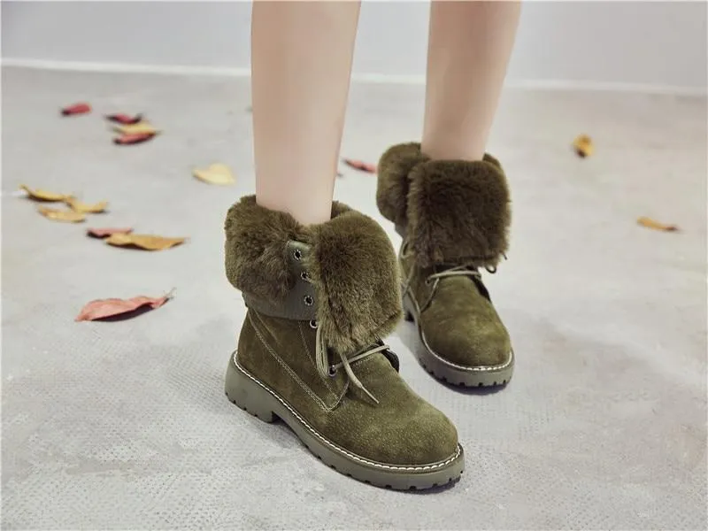 Fur lining lace-up combat boots suede platform martin boots women's motorcycle boots