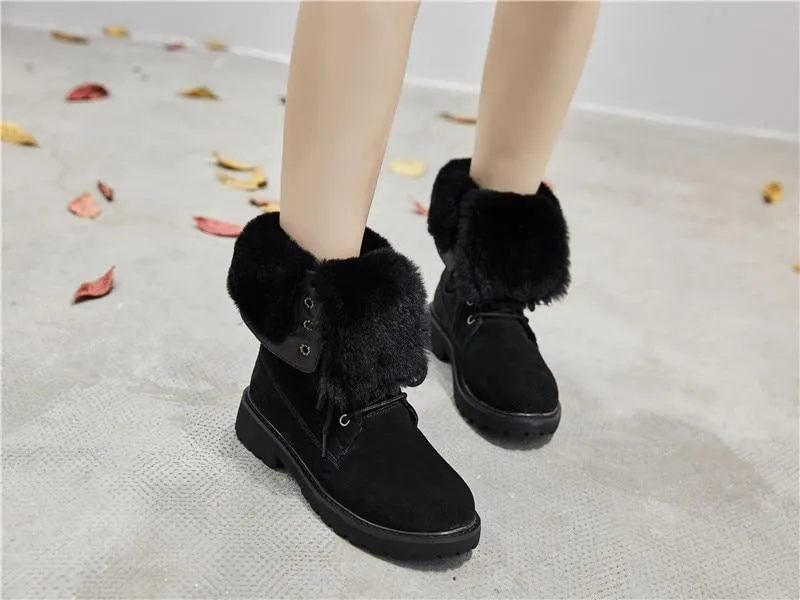 Fur lining lace-up combat boots suede platform martin boots women's motorcycle boots