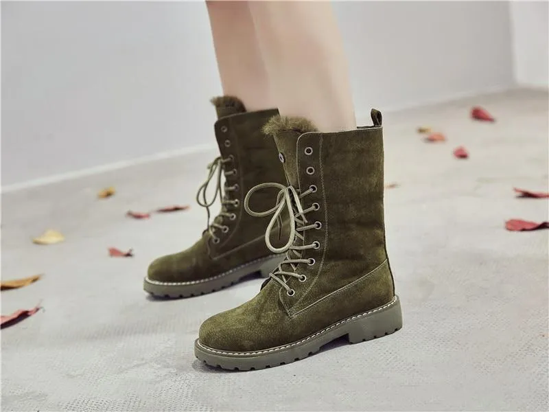 Fur lining lace-up combat boots suede platform martin boots women's motorcycle boots