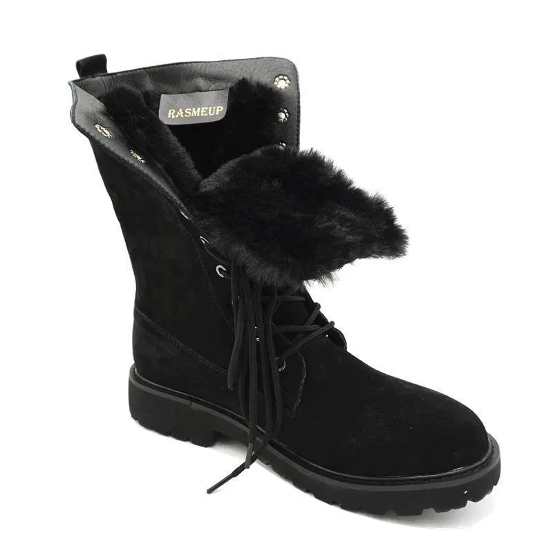 Fur lining lace-up combat boots suede platform martin boots women's motorcycle boots