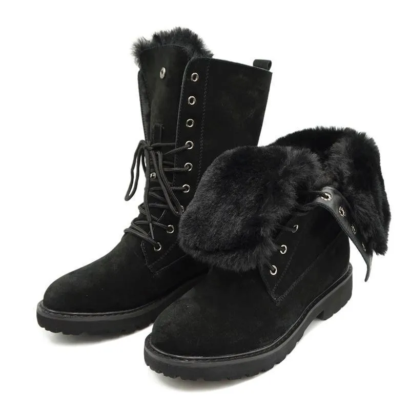 Fur lining lace-up combat boots suede platform martin boots women's motorcycle boots