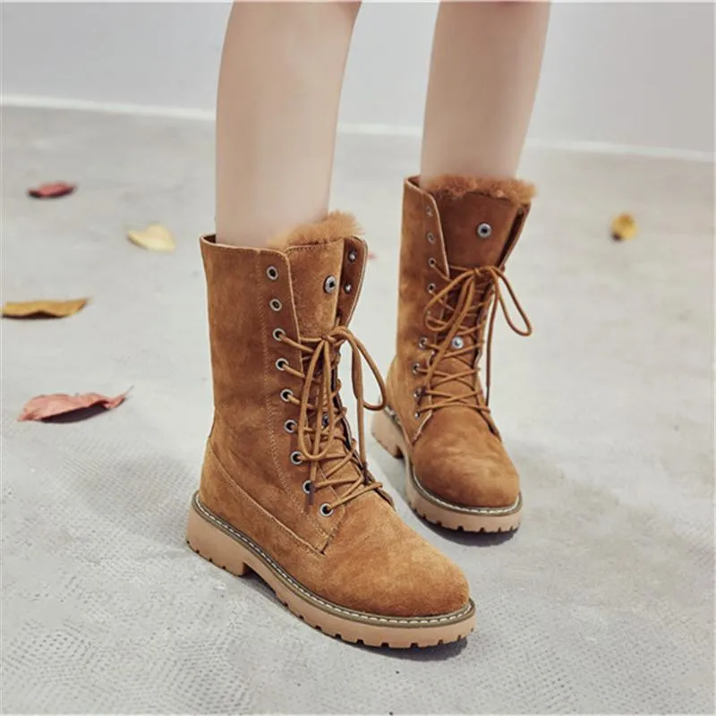 Fur lining lace-up combat boots suede platform martin boots women's motorcycle boots