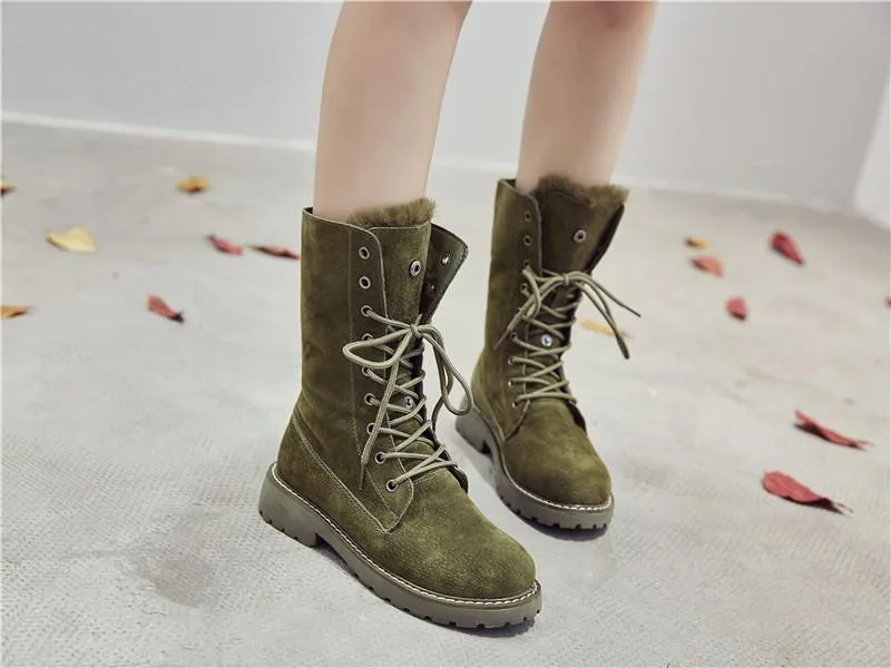 Fur lining lace-up combat boots suede platform martin boots women's motorcycle boots