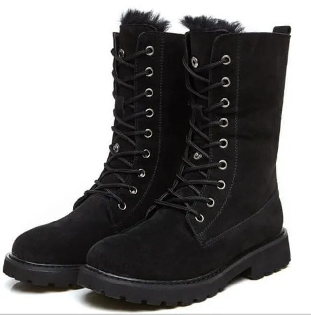 Fur lining lace-up combat boots suede platform martin boots women's motorcycle boots