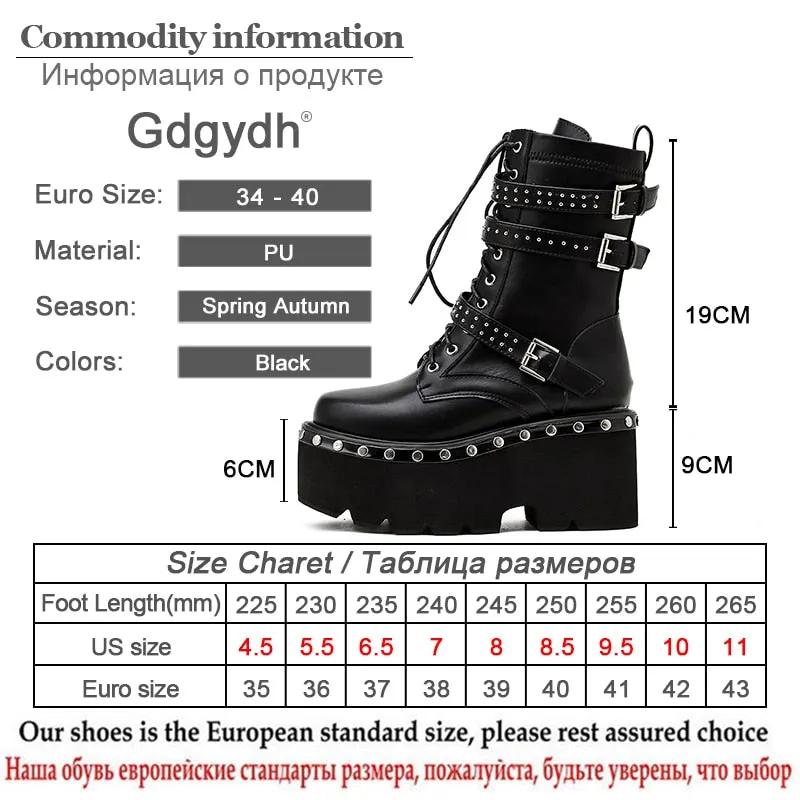 Gdgydh 2022 Spring Lace-Up Motorcycle Boots for Women Round Toe Thick Platform High Heels Female Ankle Boots Gothic Style Shoes