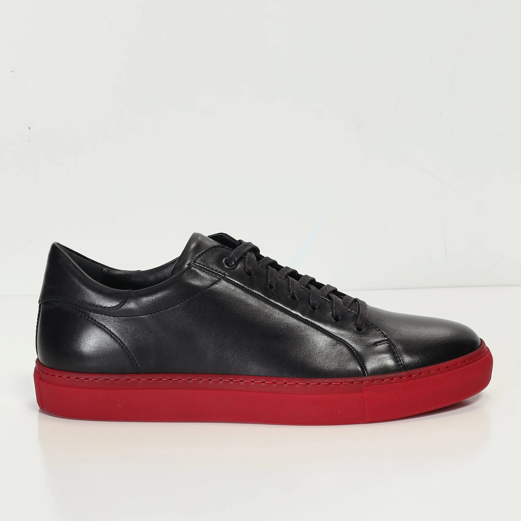 Genuine Leather Court Sneakers - Black Red