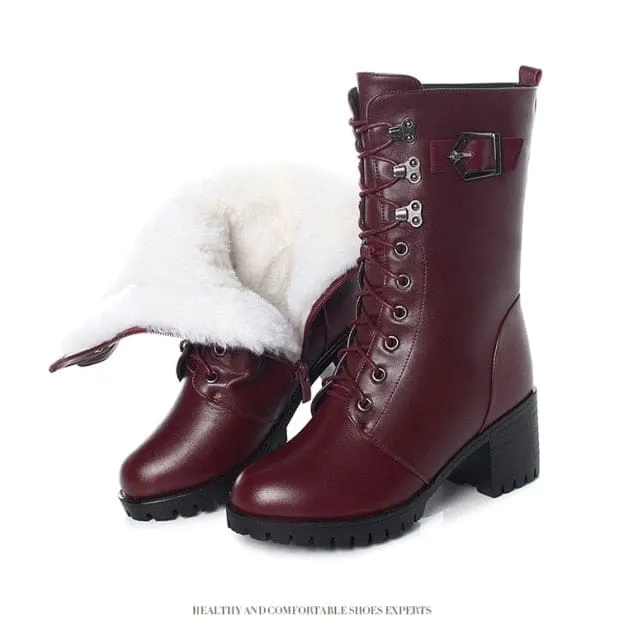 Genuine Leather High-Heeled Wool Warm Winter Boots for Women