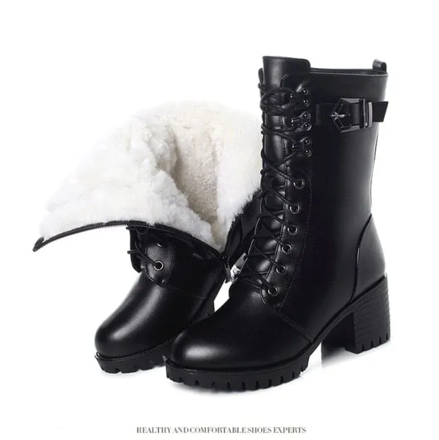 Genuine Leather High-Heeled Wool Warm Winter Boots for Women