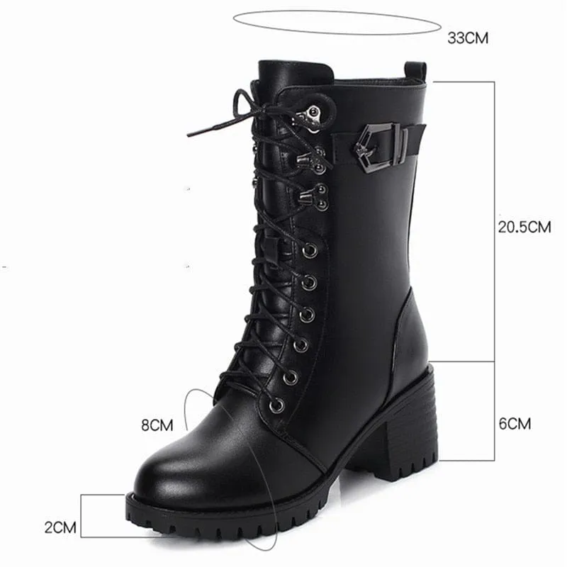 Genuine Leather High-Heeled Wool Warm Winter Boots for Women