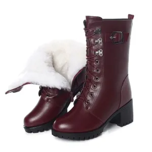 Genuine Leather High-Heeled Wool Warm Winter Boots for Women