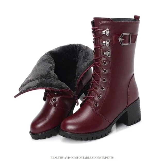 Genuine Leather High-Heeled Wool Warm Winter Boots for Women