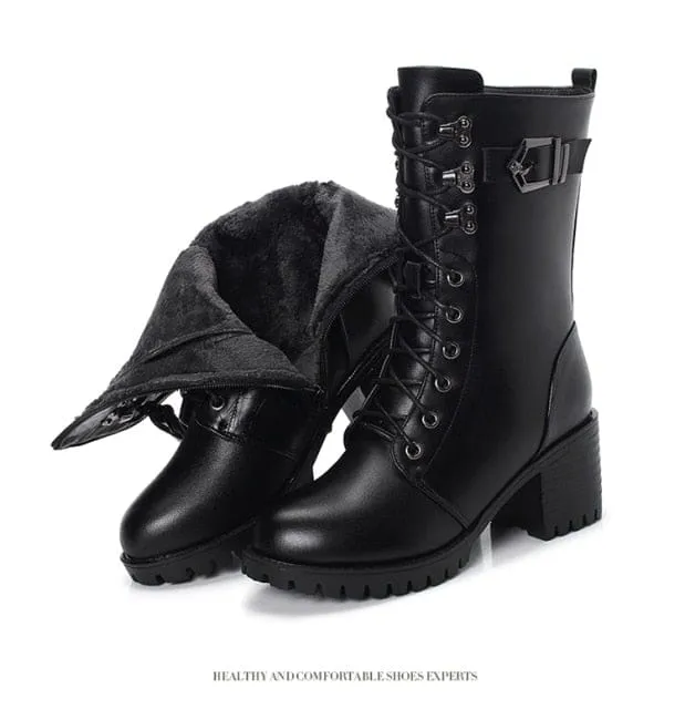 Genuine Leather High-Heeled Wool Warm Winter Boots for Women