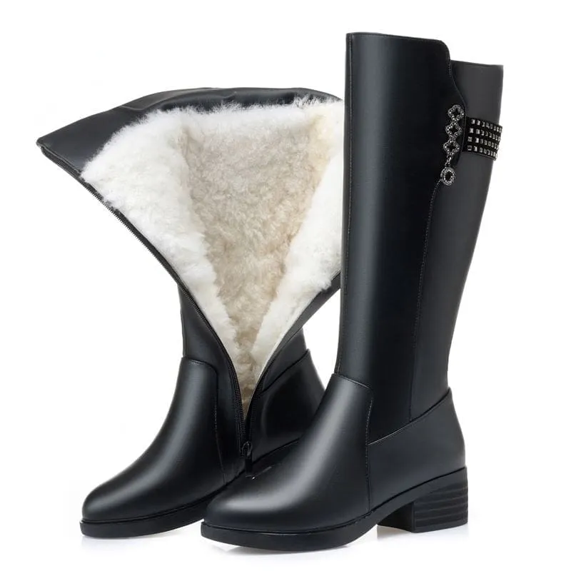 Genuine Leather Long Wool Winter Snow Boots For Women