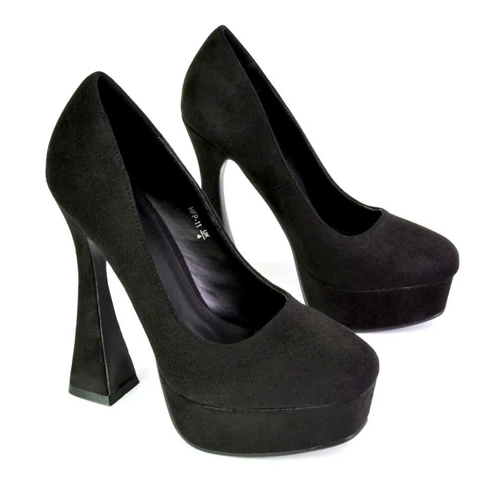 Karlie Flared Curved Stiletto Platform High Heel Court Shoes in Black