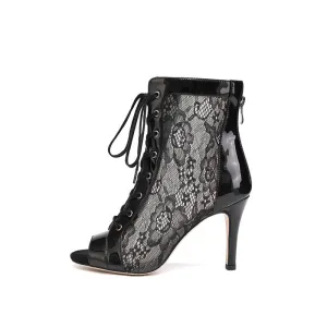 Lace Mesh Open-Toe Lace-Up Stiletto Dance Boots