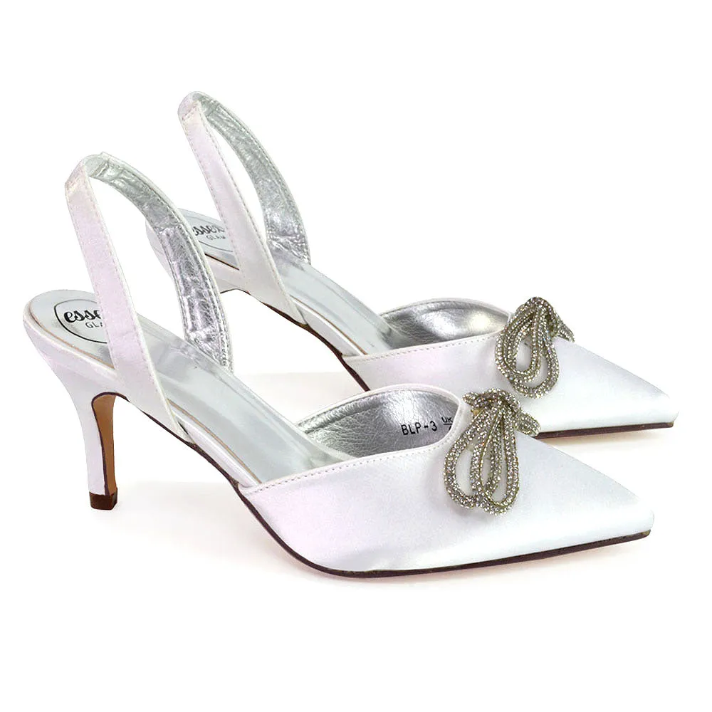 Marinah Wedding Shoes Diamante Bow Slingback Stiletto High Heel Court Shoes in Silver